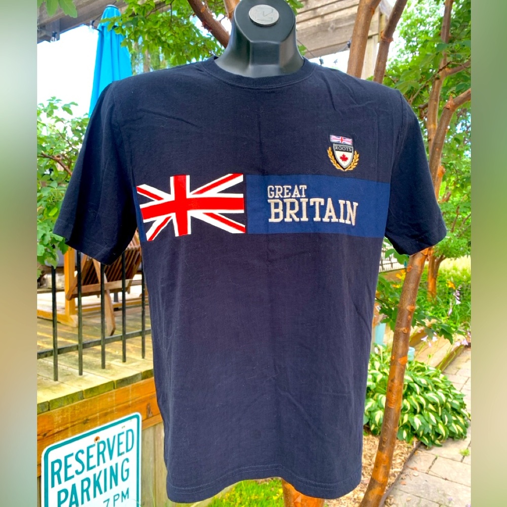 Black Tee Great Britain Roots Organic Cotton Sz XL Embroidered Olympic LTD Ed